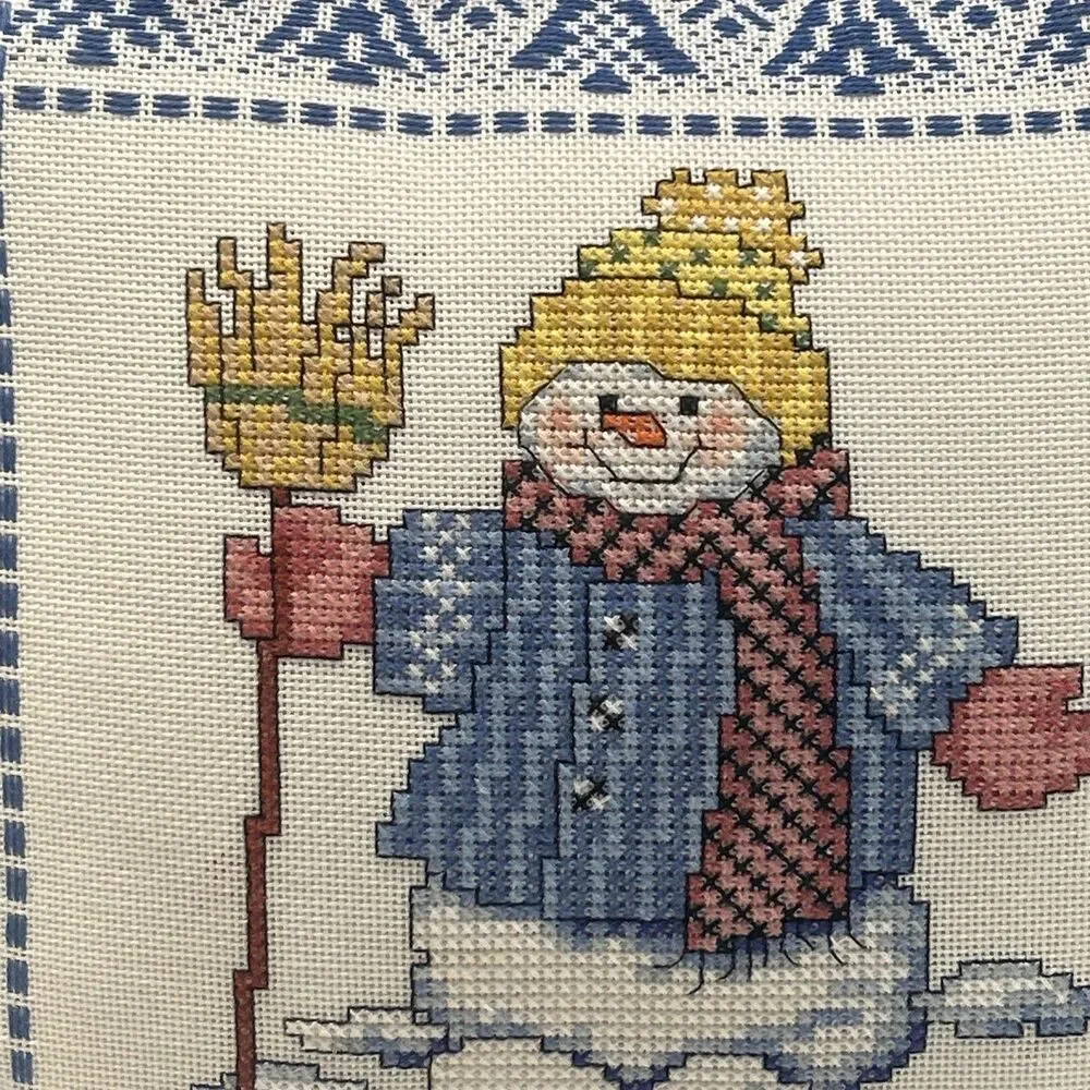 Vintage Handmade Snowman‎ With Broomstick Cross Stitch Throw Pillow EUC